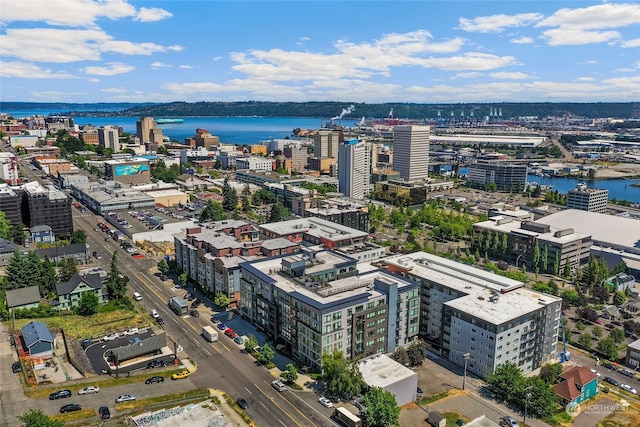 birds eye view of property featuring a water view