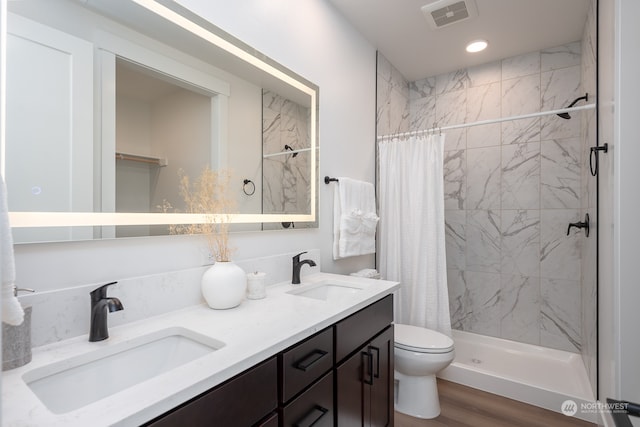 bathroom featuring a shower with curtain, vanity, wood-type flooring, and toilet