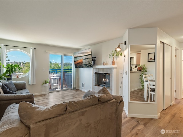 living room with light wood-type flooring and a fireplace