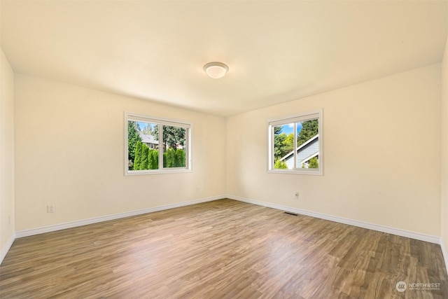 unfurnished room featuring baseboards, a wealth of natural light, and wood finished floors