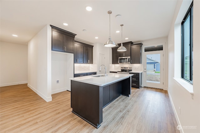 kitchen with stainless steel appliances, sink, tasteful backsplash, decorative light fixtures, and a kitchen island with sink