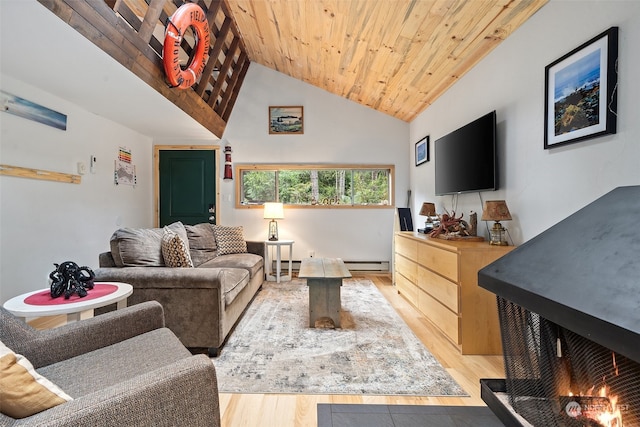 living room featuring high vaulted ceiling, baseboard heating, wood ceiling, and light wood finished floors