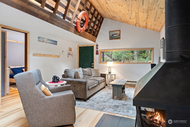 living room featuring light wood finished floors, wood ceiling, high vaulted ceiling, and baseboard heating