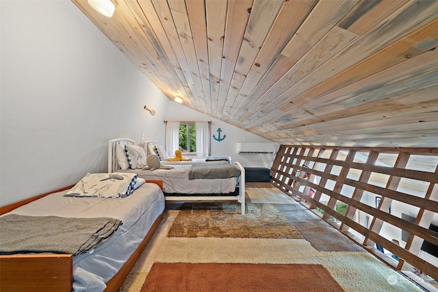 bedroom featuring vaulted ceiling, a wall mounted AC, and wood ceiling