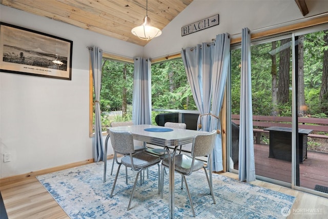 dining area with lofted ceiling, wood ceiling, baseboards, and wood finished floors