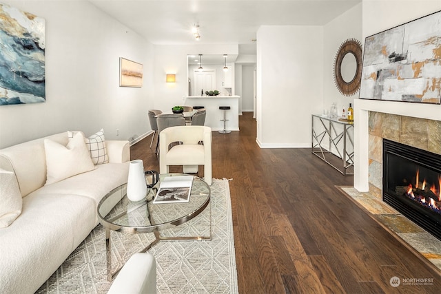 living room with a fireplace and dark wood-type flooring