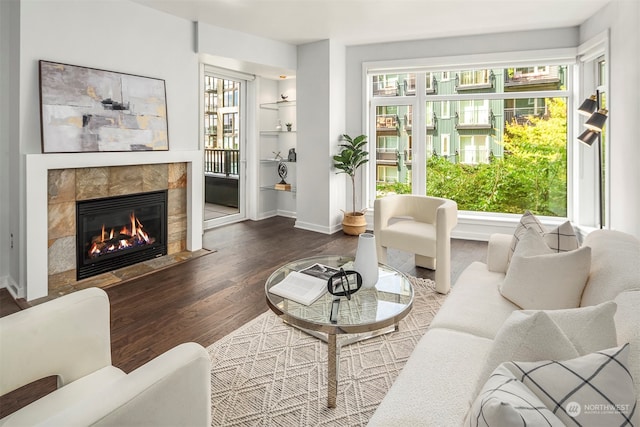 living room with a fireplace and dark hardwood / wood-style floors