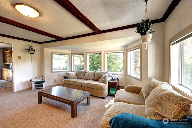 living room featuring light carpet, beam ceiling, and baseboards