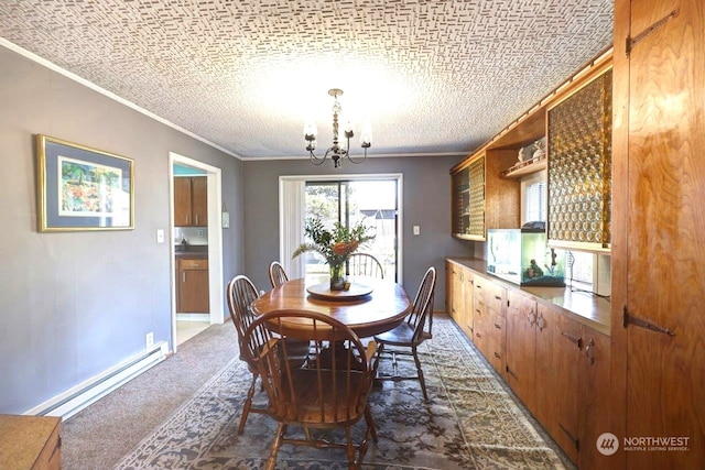 dining space featuring dark colored carpet, ornamental molding, a baseboard radiator, and a notable chandelier