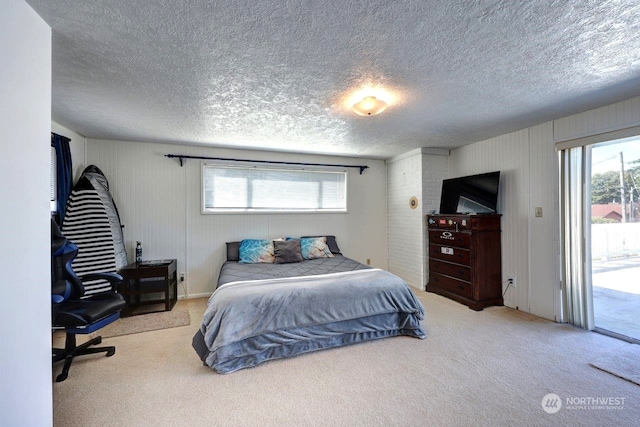 bedroom with access to outside, multiple windows, and carpet