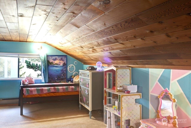 bedroom with lofted ceiling, carpet floors, and wooden ceiling