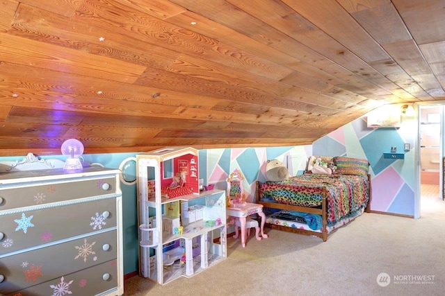 carpeted bedroom with lofted ceiling and wood ceiling