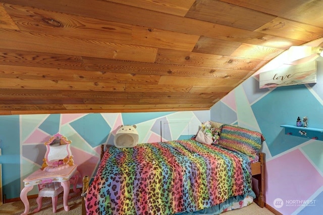 bedroom with carpet, vaulted ceiling, and wooden ceiling