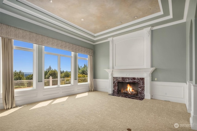 unfurnished living room with a tray ceiling, a decorative wall, carpet flooring, and a high end fireplace