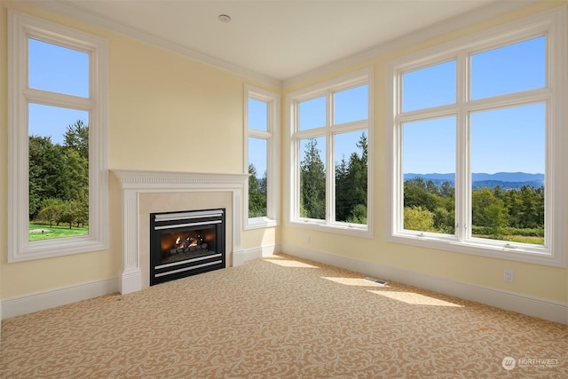 unfurnished sunroom with a glass covered fireplace and a mountain view