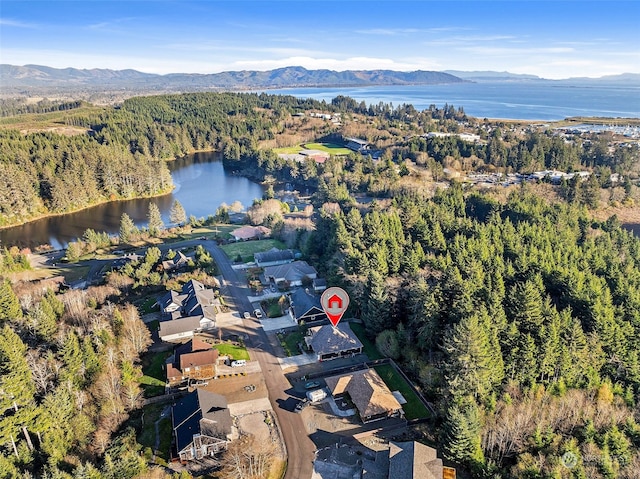 drone / aerial view featuring a water and mountain view