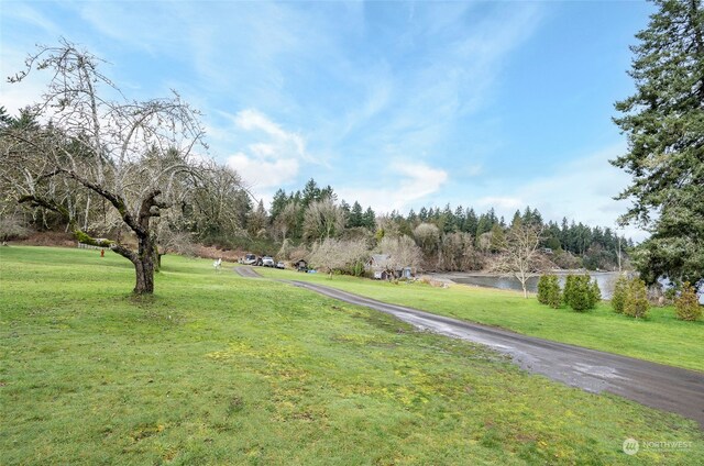 view of property's community with a water view and a yard