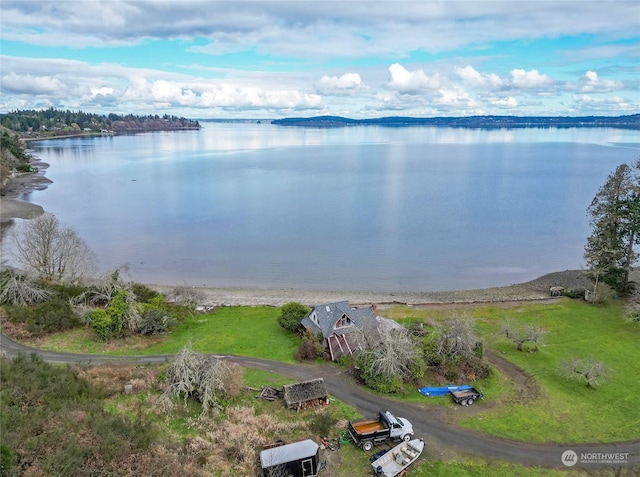 drone / aerial view with a water view