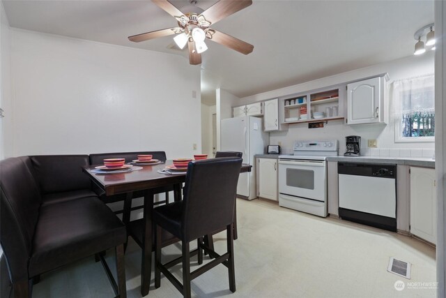 kitchen with white appliances, visible vents, ceiling fan, and open shelves