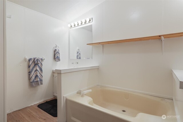 bathroom with a garden tub, wood finished floors, and vanity