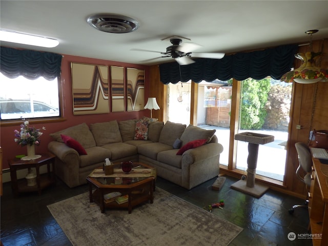 living room featuring ceiling fan