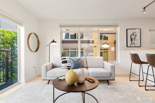 living area with a healthy amount of sunlight, light colored carpet, and track lighting