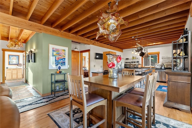 dining space with a chandelier, light wood-type flooring, wood ceiling, and beamed ceiling