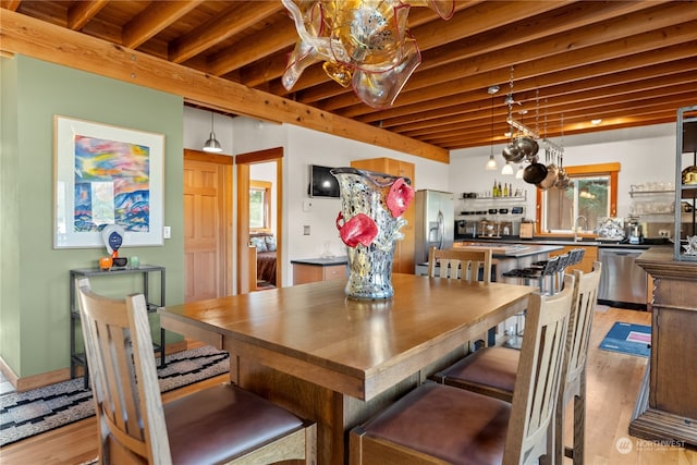 dining area featuring sink, light hardwood / wood-style floors, wooden ceiling, and beamed ceiling