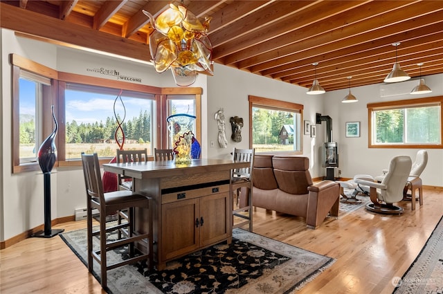 bar with pendant lighting, a wood stove, beam ceiling, a notable chandelier, and light wood-type flooring