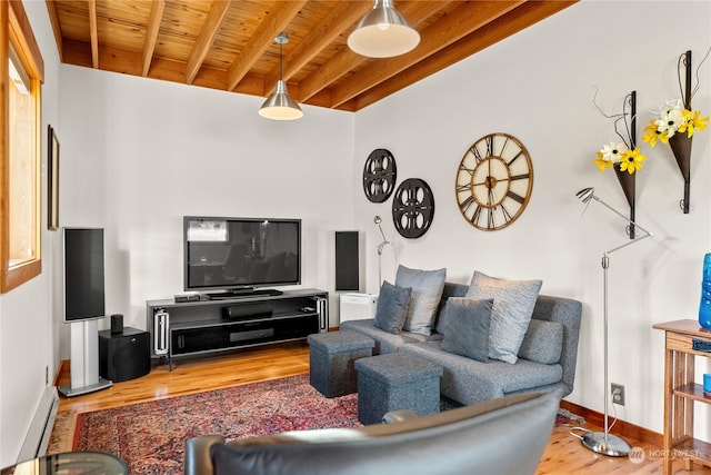 living area featuring beamed ceiling, wooden ceiling, wood finished floors, and baseboards