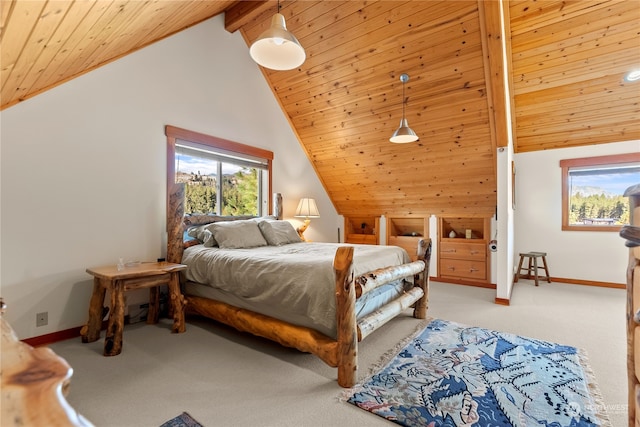 bedroom with wooden ceiling, beamed ceiling, and carpet