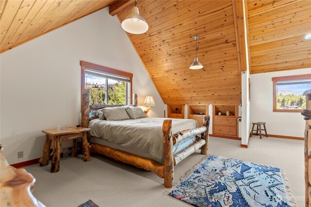 carpeted bedroom with beam ceiling, multiple windows, and wooden ceiling
