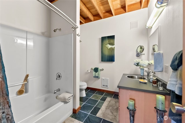 full bathroom featuring toilet, wood ceiling, vanity, visible vents, and  shower combination