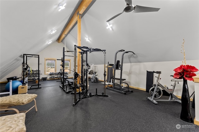 exercise room with lofted ceiling and ceiling fan