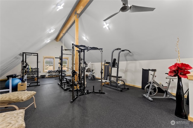 gym with lofted ceiling, baseboards, and a ceiling fan