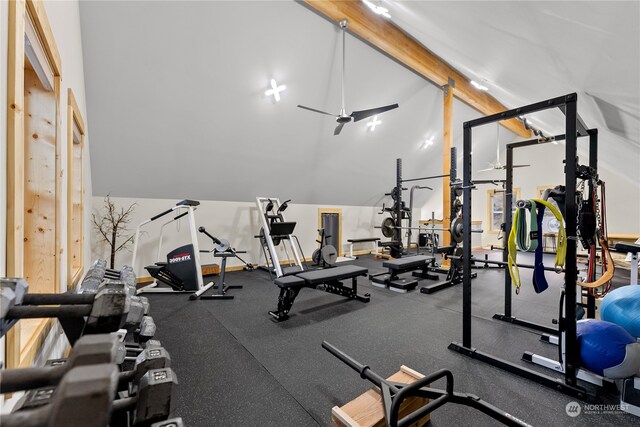 workout area with high vaulted ceiling