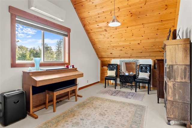 interior space featuring wood ceiling, vaulted ceiling, and an AC wall unit