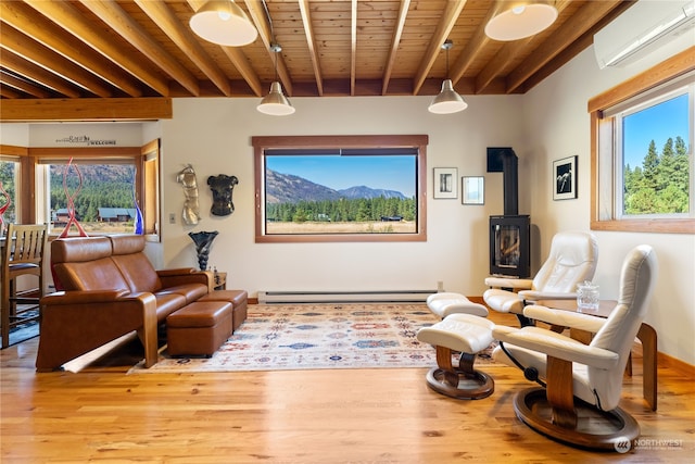 sitting room with beamed ceiling, a wall mounted AC, wood finished floors, and a wood stove