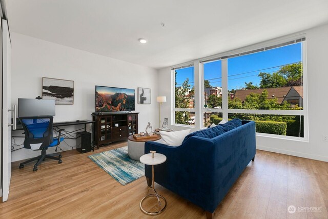 living room with a healthy amount of sunlight and hardwood / wood-style flooring