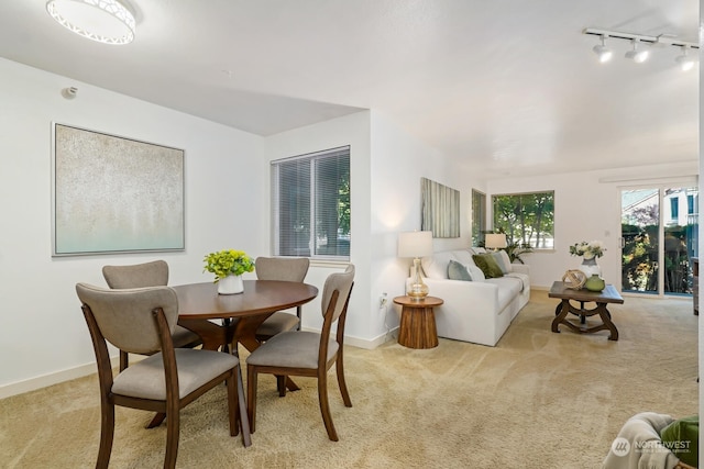 carpeted dining area with track lighting and baseboards