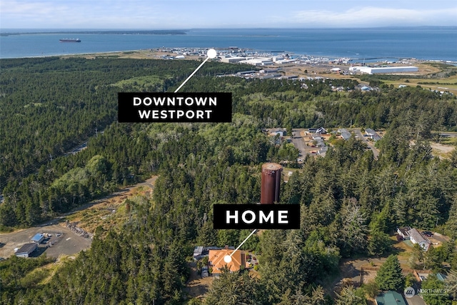 aerial view with a water view and a wooded view