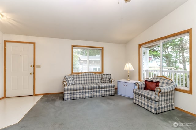 living room featuring lofted ceiling and carpet flooring