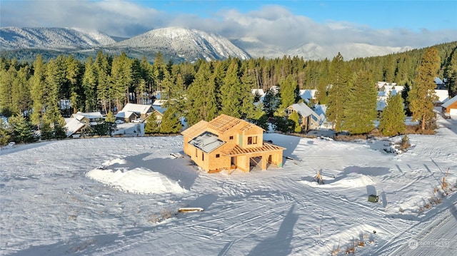 snowy aerial view featuring a mountain view