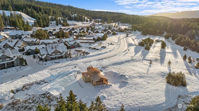 snowy aerial view with a mountain view