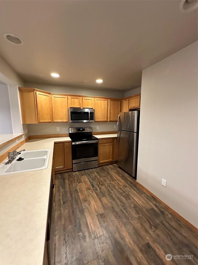 kitchen featuring appliances with stainless steel finishes, dark hardwood / wood-style floors, and sink