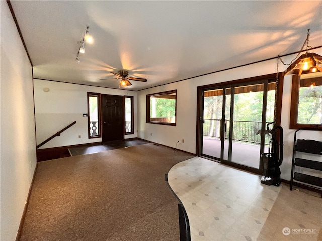 interior space with ceiling fan and track lighting