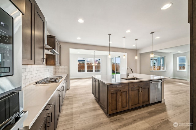 kitchen featuring appliances with stainless steel finishes, light hardwood / wood-style flooring, decorative light fixtures, and sink