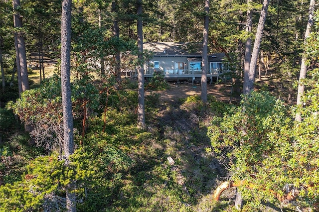 back of house featuring a wooded view and a wooden deck