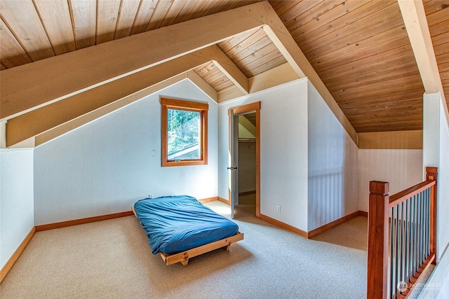 additional living space featuring wood ceiling, lofted ceiling with beams, baseboards, and carpet floors