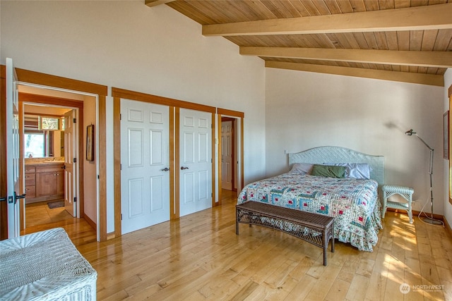 bedroom with light wood finished floors, lofted ceiling with beams, and wood ceiling
